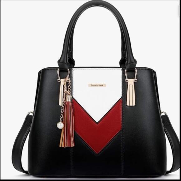 NEW Pomelo Black Red Colorblock Chevron Multi Crossbody Tote Bag … NWT - Picture 6 of 13